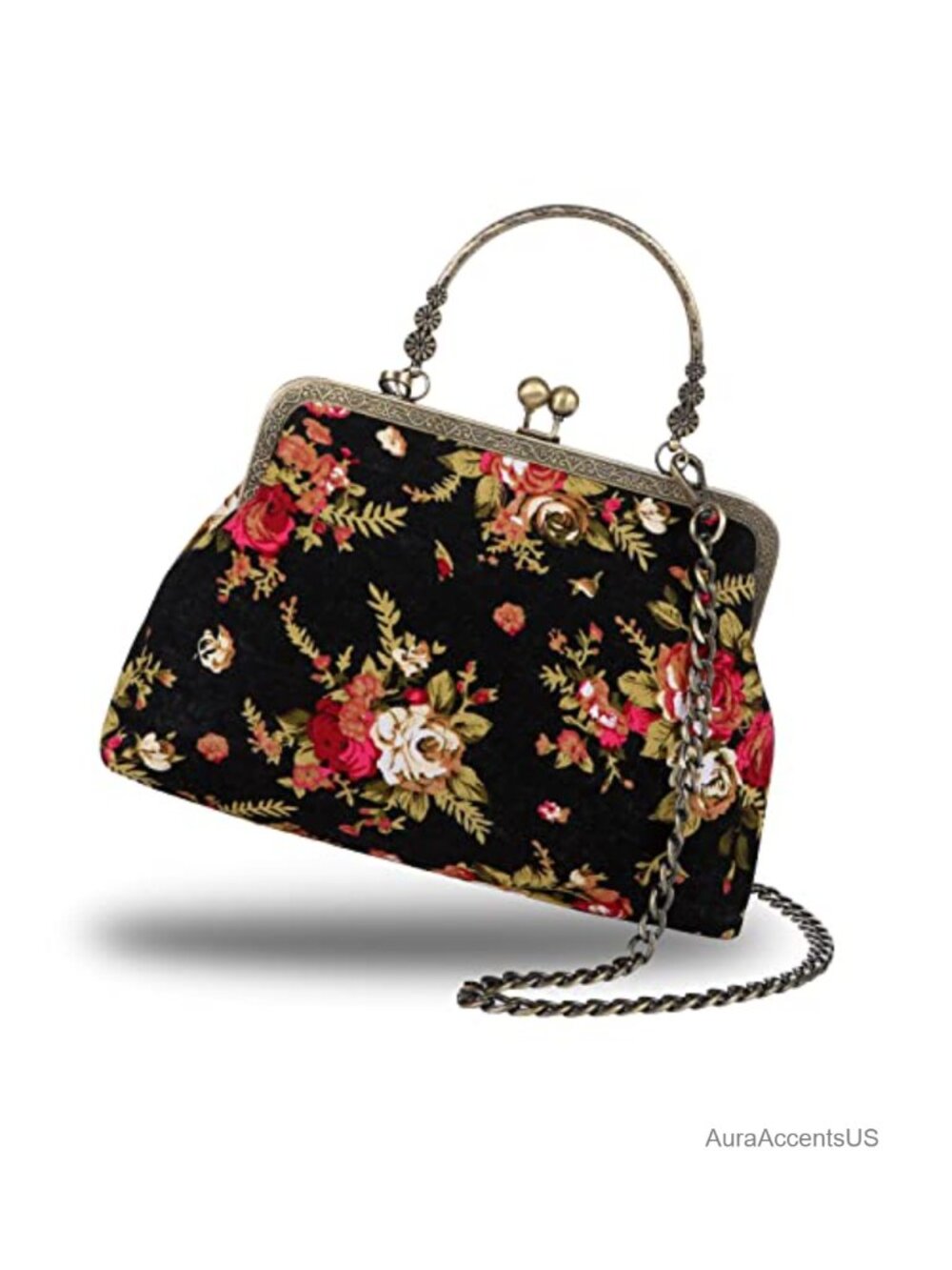 Vintage Floral Kiss Lock Evening Clutch Top Handle Purse for Women